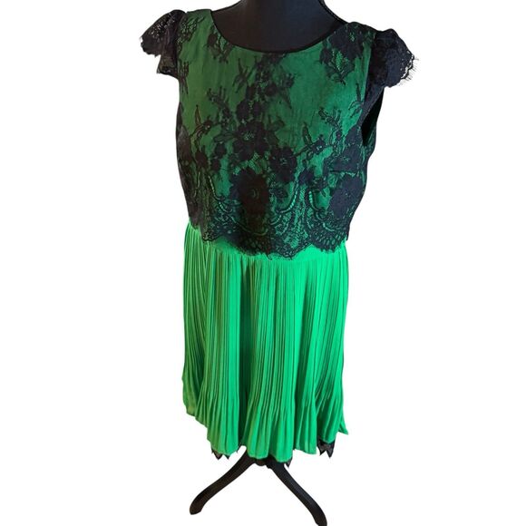 REVIEW Dress Size 10 Lace Overlay Pleated Formal Dress Tea Length Green Black - Picture 8 of 14